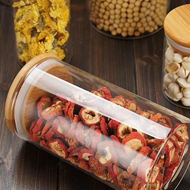 1pc Bamboo Lid Glass Tea Storage Jar, Kitchen Food Storage Container, Glass  Granule Canister